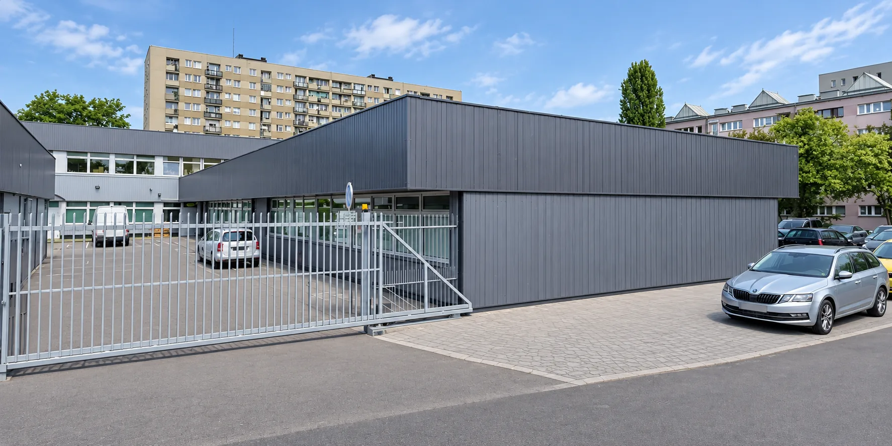 Optikmash premises seen from the street: a dark-clad single-storey building behind a sliding gate